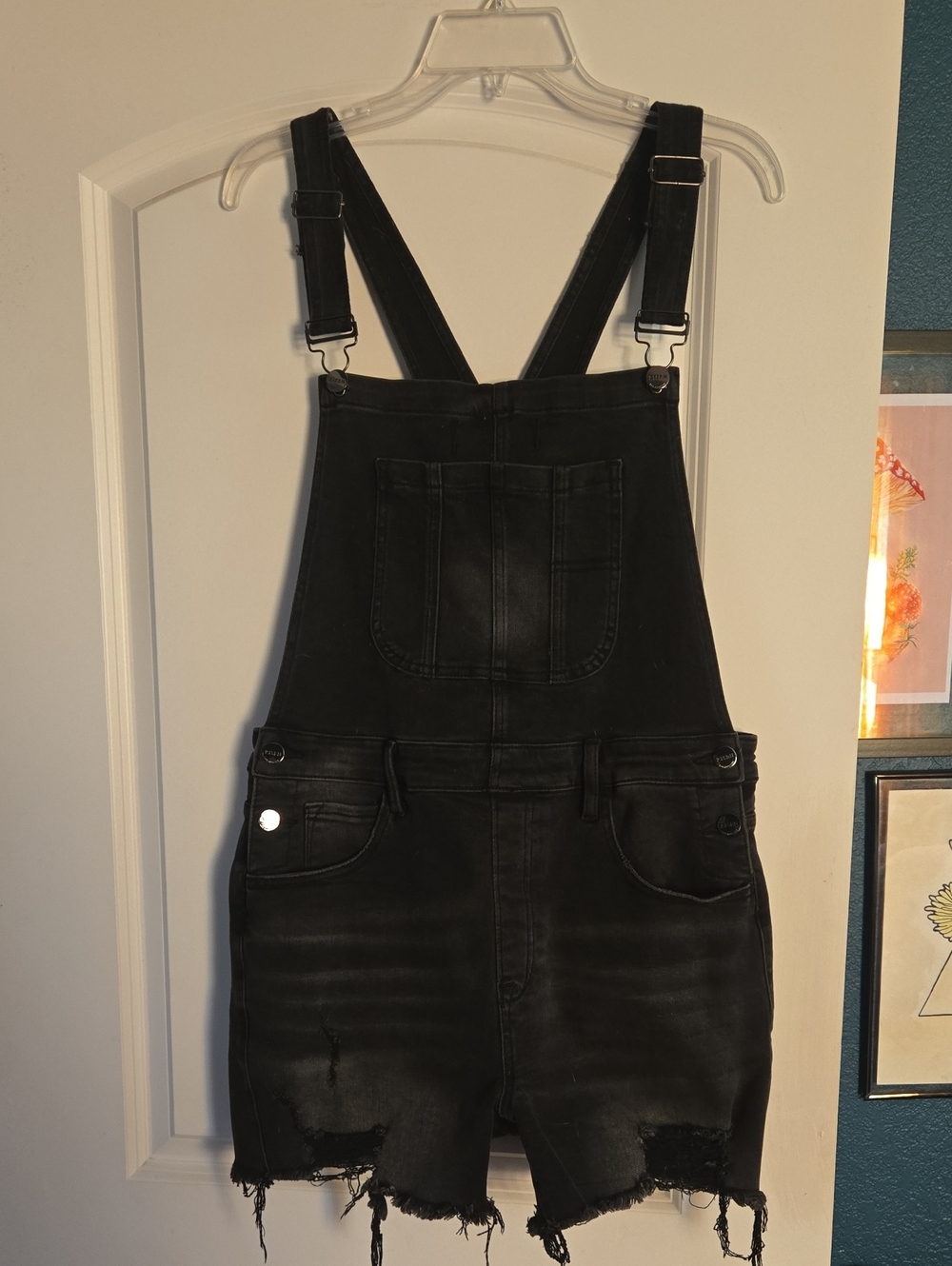 Black Distressed Denim Short Overalls for Women - Classic Casual